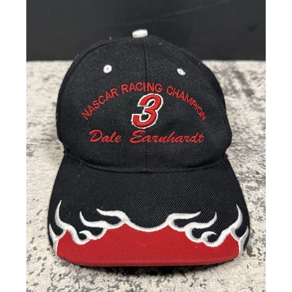 Dale Earnhardt 3 Hat NASCAR Racing Champion Strapback Flames Black Red‎ Cap